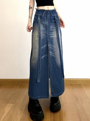High Waist Split Pocket Denim Skirt