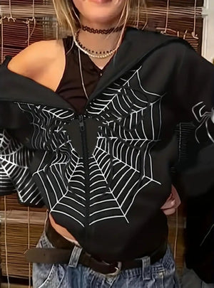 Spider Web Zipper Hooded Coat