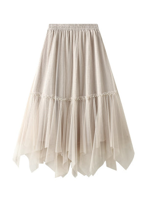 Elastic Waist Beaded Solid Color Long Mesh Skirt