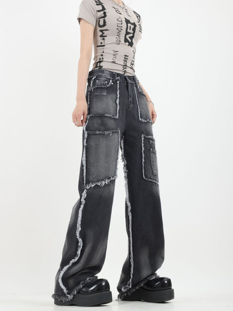 Straight-leg side hollow wide jeans