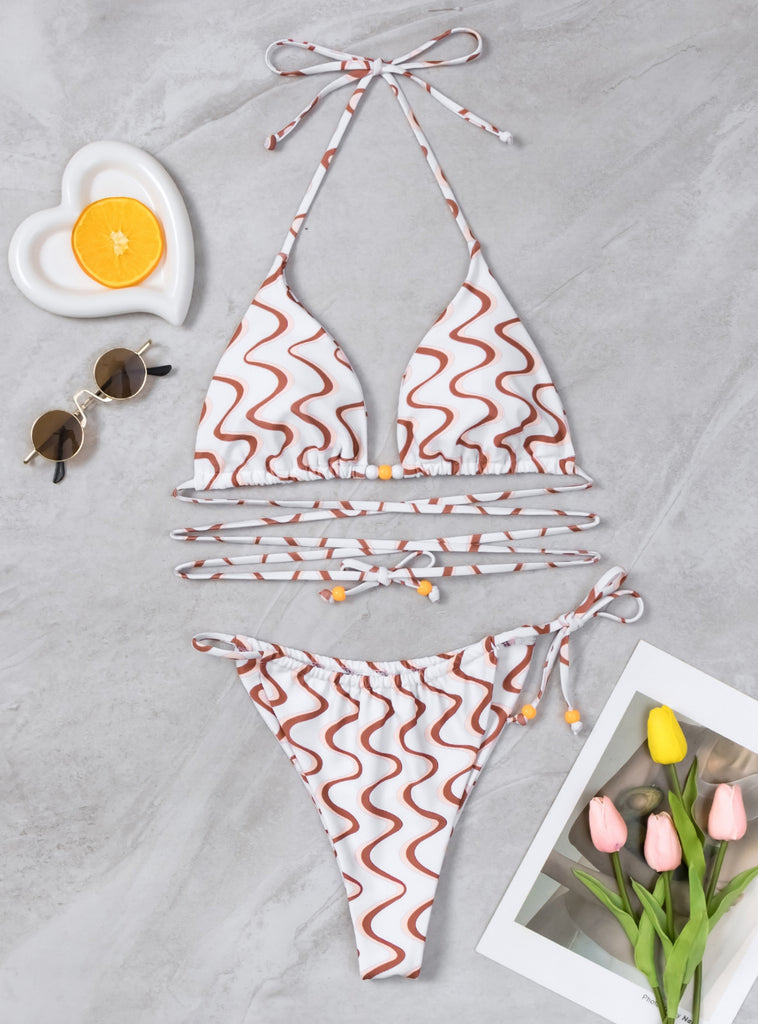 Wavy Printed Bead Twopiece Swimsuit