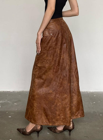 Retro Leather Stitching Pocket Skirt