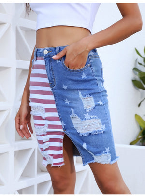 Slim-fit Holes Stripes Denim Skirt