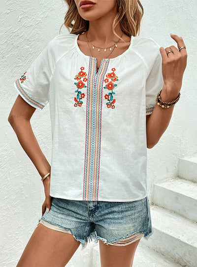 Casual V-neck Embroidered Shirt
