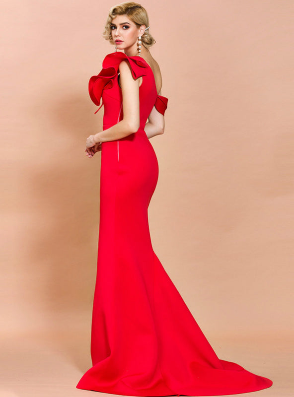 Red off-shoulder dress for women new retro style slit long mermaid dress     S5651
