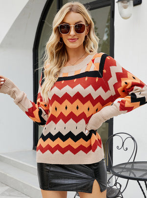 Retro Round Neck Rhombic Sweater
