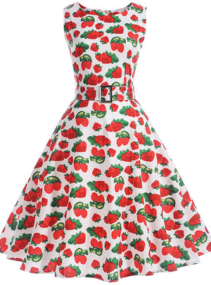 Strawberry Print Sleeveless Vintage Dress