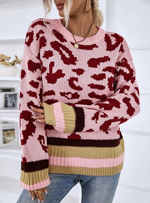Turtleneck Color-bump Leopard Sweater