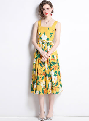 Yellow Sweet Sleeveless Floral Dress