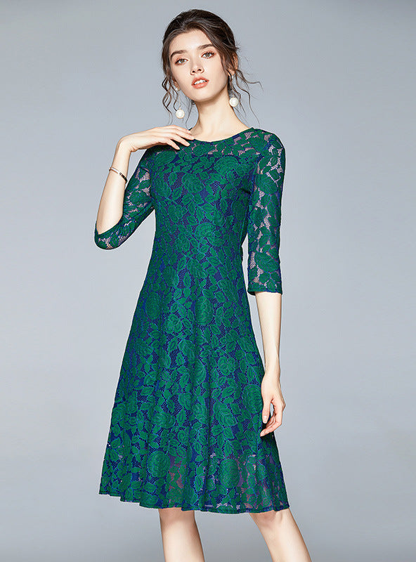 Women's Retro Round Neck Long Sleeve Lace Dress