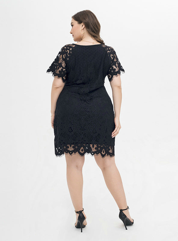 Plus-Size Women Lace V-Neck Belted Irregular Maxi Dress