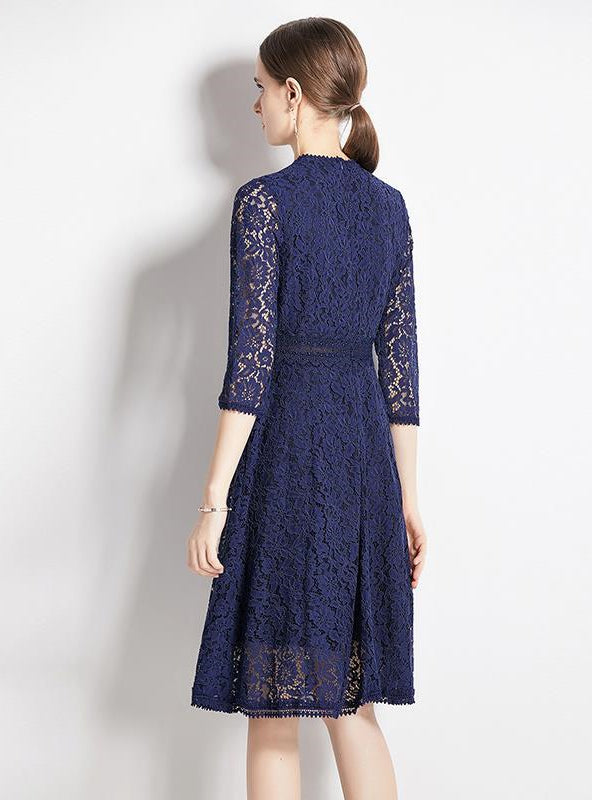 Calf length 3/4 SLV Waist Contrast Insert Dress