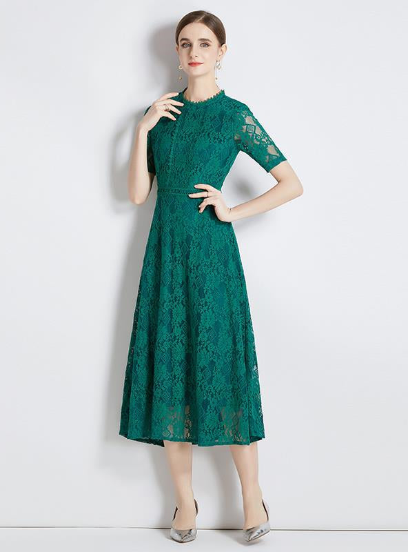 Lace Detail V-Neck Short Sleeve Midi Dress