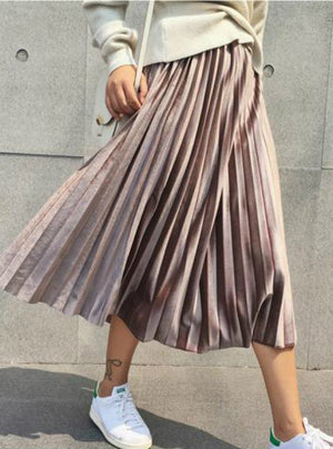 Maxi Pleated Skirt Midi Skirt High Waist Elascity Casual Party Skirt