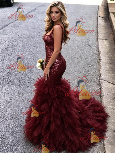 Bugrundy Mermaid Sequins Straps Prom Dress