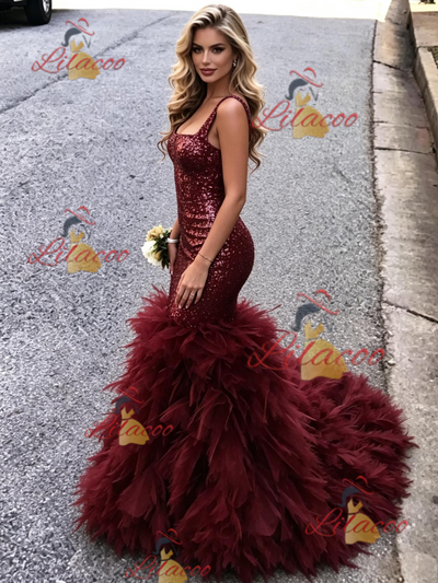 Bugrundy Mermaid Sequins Straps Prom Dress