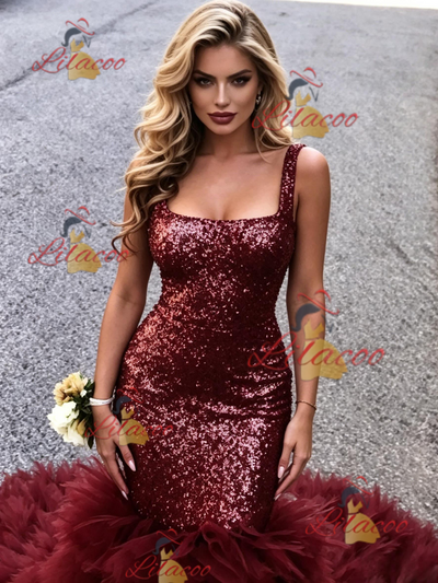 Bugrundy Mermaid Sequins Straps Prom Dress