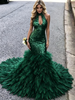 Green Mermaid Sequins Halter Prom Dress