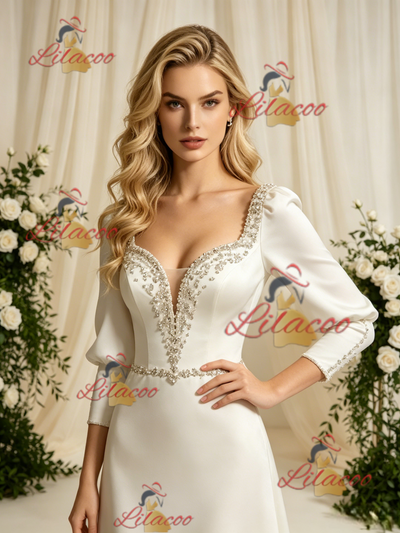 Ivory Satin Long Sleeve Beading Wedding Dress