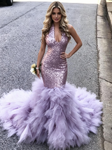 Purple Mermaid Sequins V-neck Prom Dress
