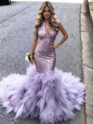 Purple Mermaid Sequins V-neck Prom Dress