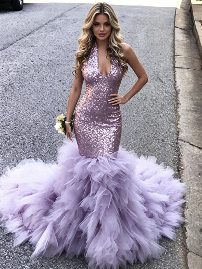 Purple Mermaid Sequins V-neck Prom Dress