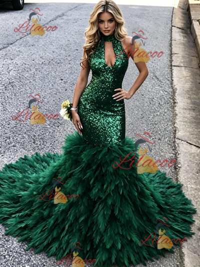 Green Mermaid Sequins Halter Prom Dress