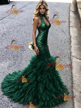 Green Mermaid Sequins Halter Prom Dress