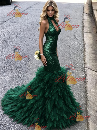 Green Mermaid Sequins Halter Prom Dress
