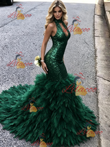 Green Mermaid Sequins Halter Prom Dress