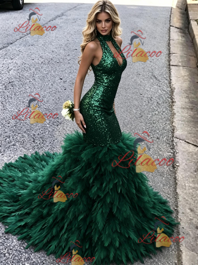 Green Mermaid Sequins Halter Prom Dress