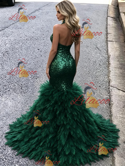 Green Mermaid Sequins Halter Prom Dress