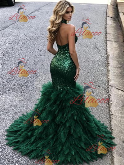 Green Mermaid Sequins Halter Prom Dress