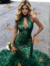 Green Mermaid Sequins Halter Prom Dress