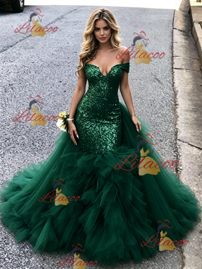Green Mermaid Tulle Sequins Prom Dress