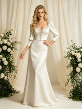 Ivory Satin Long Sleeve Beading Wedding Dress