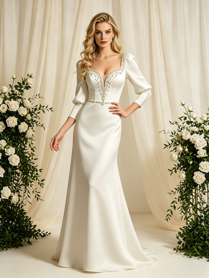 Ivory Satin Long Sleeve Beading Wedding Dress
