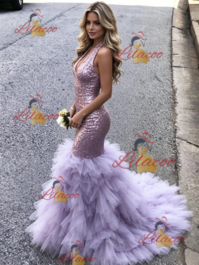 Purple Mermaid Sequins V-neck Prom Dress