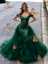Green Mermaid Tulle Sequins Prom Dress