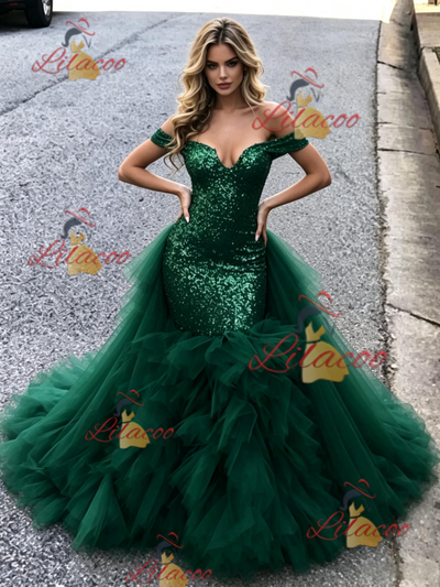 Green Mermaid Tulle Sequins Prom Dress