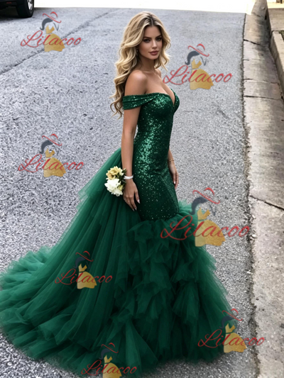 Green Mermaid Tulle Sequins Prom Dress
