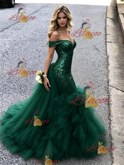 Green Mermaid Tulle Sequins Prom Dress