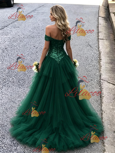 Green Mermaid Tulle Sequins Prom Dress