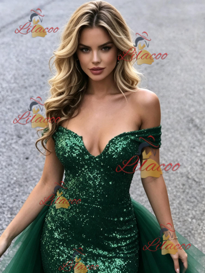 Green Mermaid Tulle Sequins Prom Dress