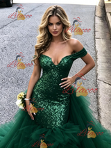 Green Mermaid Tulle Sequins Prom Dress