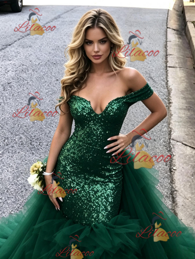 Green Mermaid Tulle Sequins Prom Dress