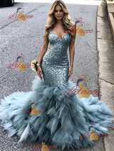 Blue Mermaid Sequins Off the Shoulder Prom Dress