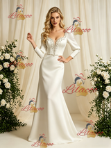 Ivory Satin Long Sleeve Beading Wedding Dress