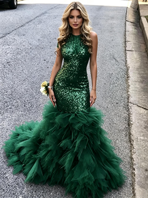Green Mermaid Sequins Halter Prom Dress