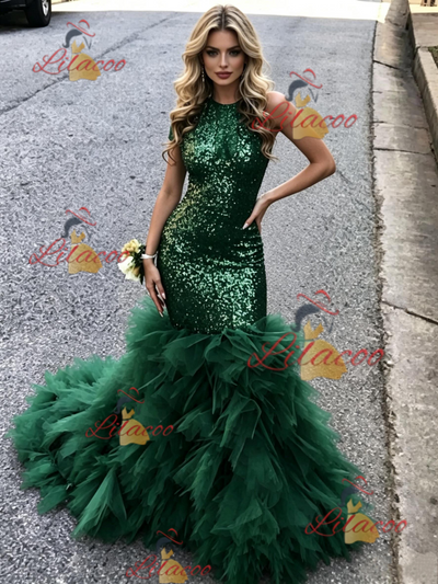 Green Mermaid Sequins Halter Prom Dress